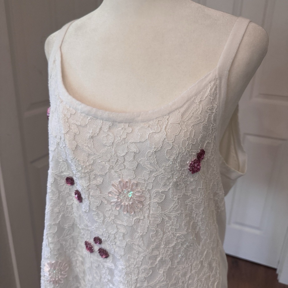 Peter Nygard White‎ Lace Embellished Floral Sequin Beaded Cami Tank Top Sz L - Picture 2 of 9